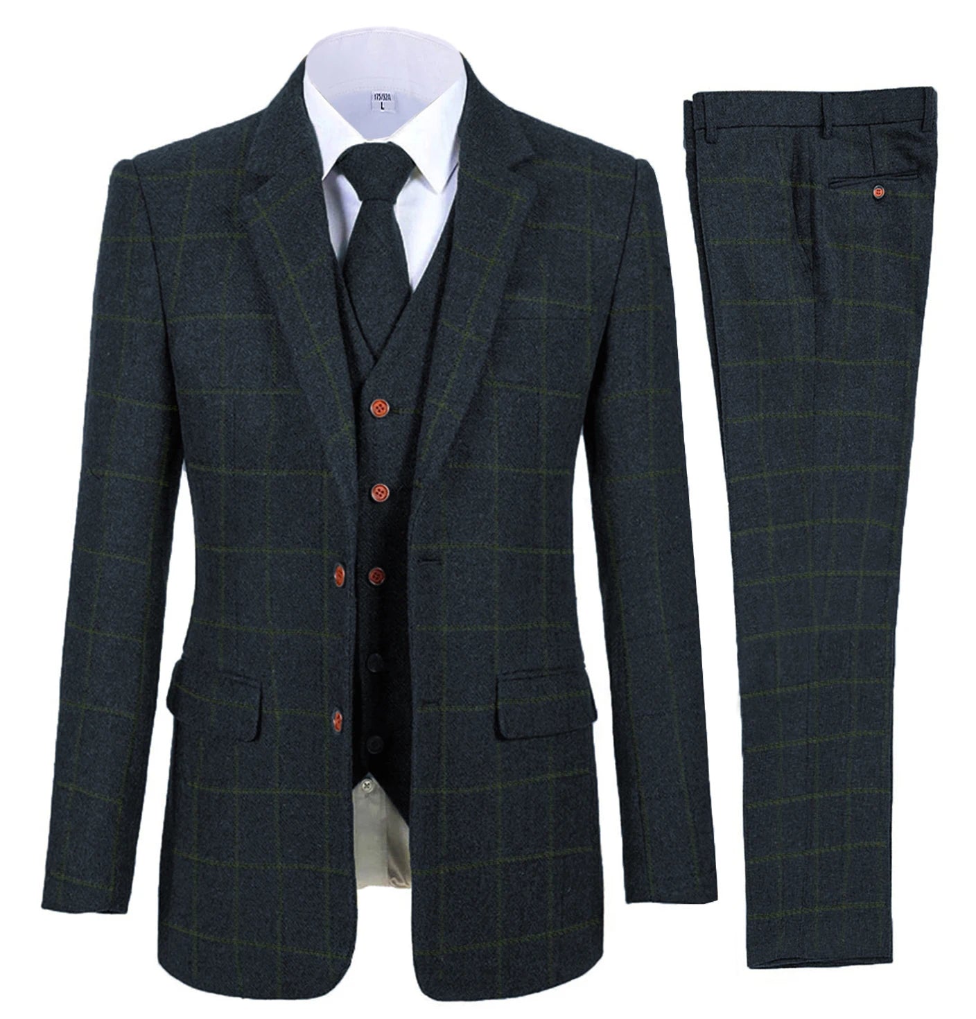 Brown Men Suits Plaid Tweed Suits for Man Three Pieces Vintage Lapel Tuxedos Groomsmen Winter Wedding Suit(Blazer+Vest+Pants)