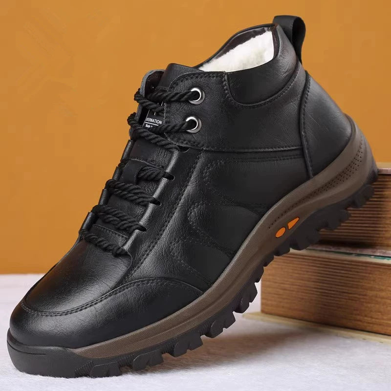 Woodpecker Men's Shoes Autumn and Winter Leather Shoes Men Casual Leather Shoes Men Non-Slip Hiking Shoes Cotton-Padded Shoes with Velvet Men Dad Shoes