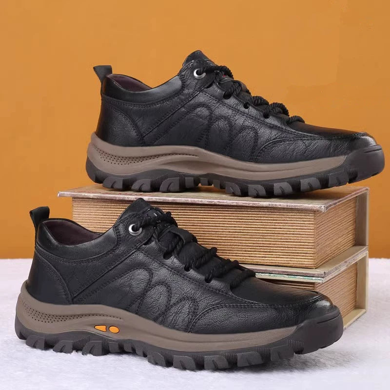 Woodpecker Men's Shoes Autumn and Winter Leather Shoes Men Casual Leather Shoes Men Non-Slip Hiking Shoes Cotton-Padded Shoes with Velvet Men Dad Shoes