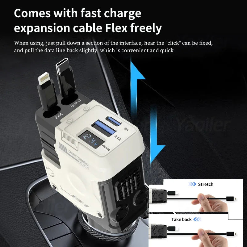 NEW 120W Car Charger 4 in 1 Retractable Car Cigarette Lighter Adapter USB Type C Fast Charging Cable for iPhone Huawei Samsung