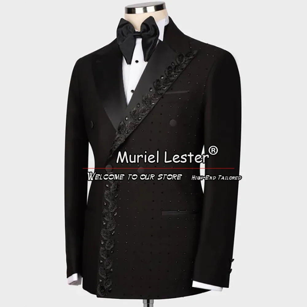 Luxury Wedding Suits Double Breasted Blazer Pants 2 Pieces Groom Tuxedos Crystals Beads Men's Dress Customized Man Clothing