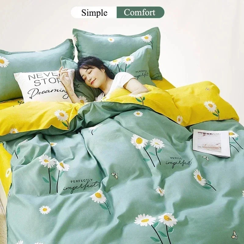 New Fashion Print Queen Size Bedding Set King Size Daisy Printed Duvet Cover Set with Flat Sheets Cozy Durable Bedding Sets