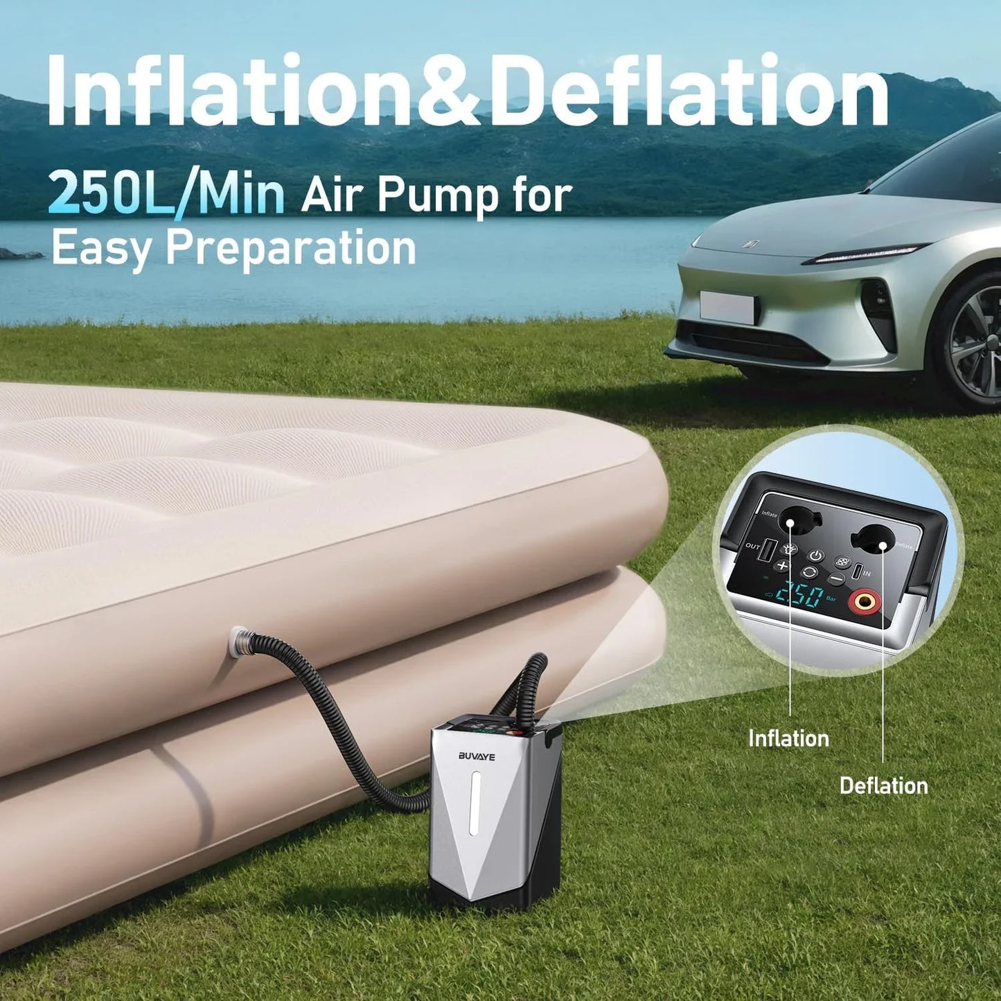 BUVAYE Portable Jump Starter 150PSI Air Compressor with Air Pump 2500A Battery Booster 250L/Min Inflatable Pump For Air Bed Boat