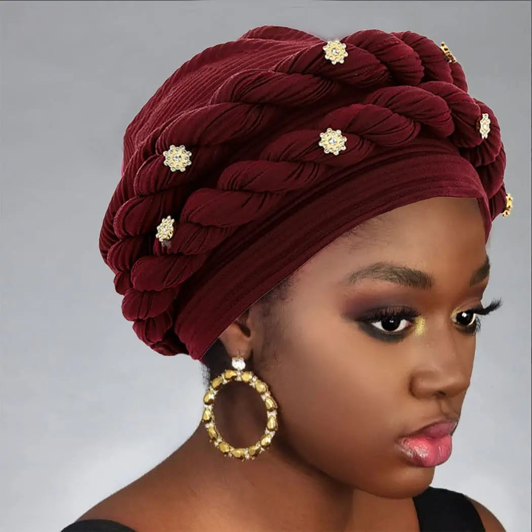 Double Braid Diamonds Halo Turban Cap Lady Cancer Chemo Caps Female Beanie Bonnet Hair Loss Cover African Head Wraps