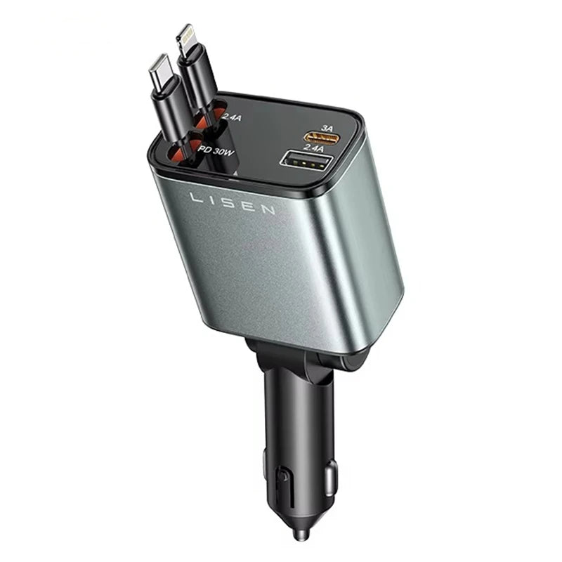 Retractable Car Charger, 4 in 1 Fast Charging Car Charger 120W, Retractable Cable and 2 USB Ports Car Charger Adapter Compatible