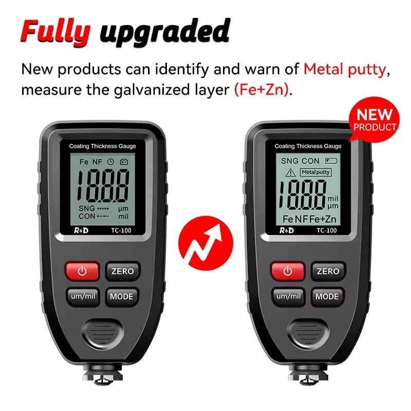 R&D TC100 Coating Thickness Gauge 0.1micron/0-1300 Car Paint Film Thickness Tester Measuring FE/NFE Russian Manual Paint Tool