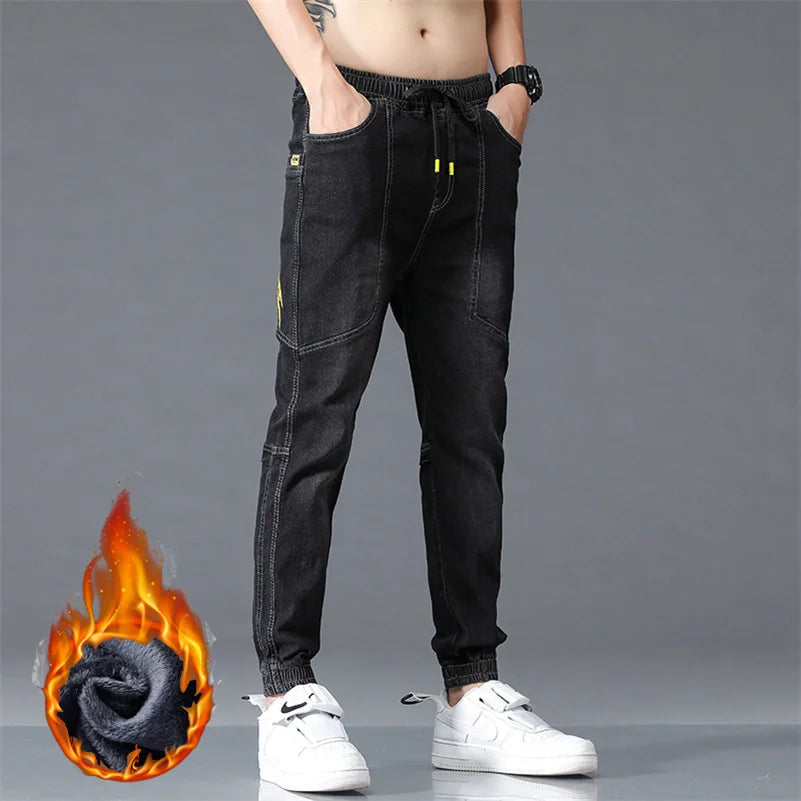 New Winter Men Warm Thermal Black Blue Cargo Jeans Fleece Streetwear Denim Jogger Pants Thick Fur Baggy Harem Trousers Plus Size