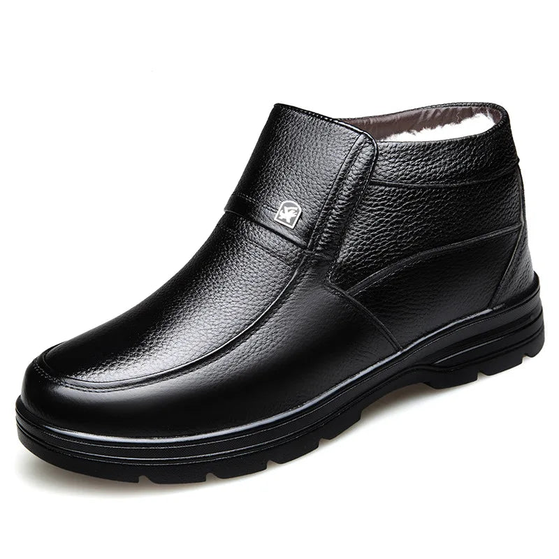 New in Men's Genuine Leather Boots Winter Snow Shoes Wool Inner Anti slip Father Ankle Boots Waterproof Warm Man Cotton Boot