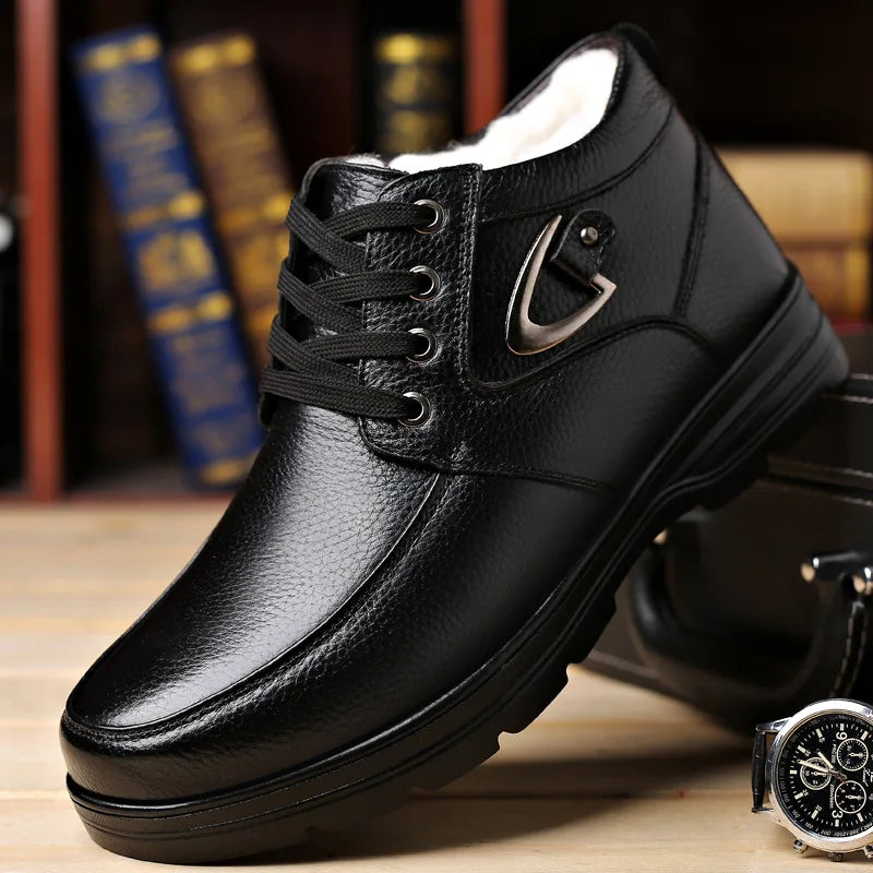 New in Men's Genuine Leather Boots Winter Snow Shoes Wool Inner Anti slip Father Ankle Boots Waterproof Warm Man Cotton Boot