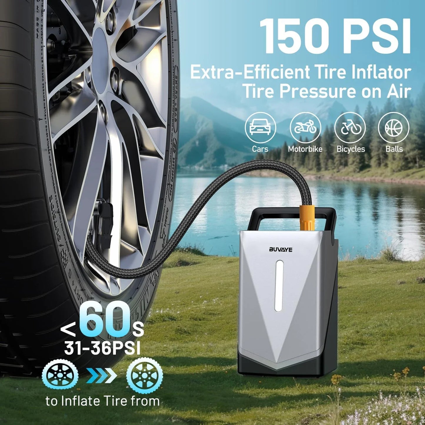 BUVAYE Portable Jump Starter 150PSI Air Compressor with Air Pump 2500A Battery Booster 250L/Min Inflatable Pump For Air Bed Boat