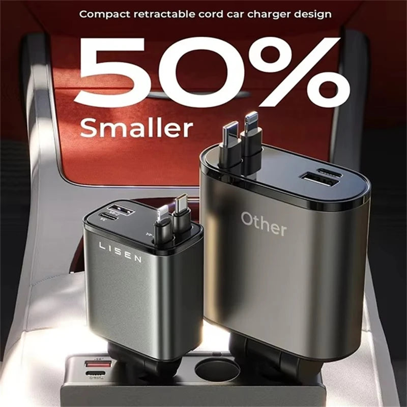 Retractable Car Charger, 4 in 1 Fast Charging Car Charger 120W, Retractable Cable and 2 USB Ports Car Charger Adapter Compatible