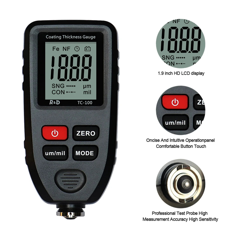 R&D TC100 Coating Thickness Gauge 0.1micron/0-1300 Car Paint Film Thickness Tester Measuring FE/NFE Russian Manual Paint Tool