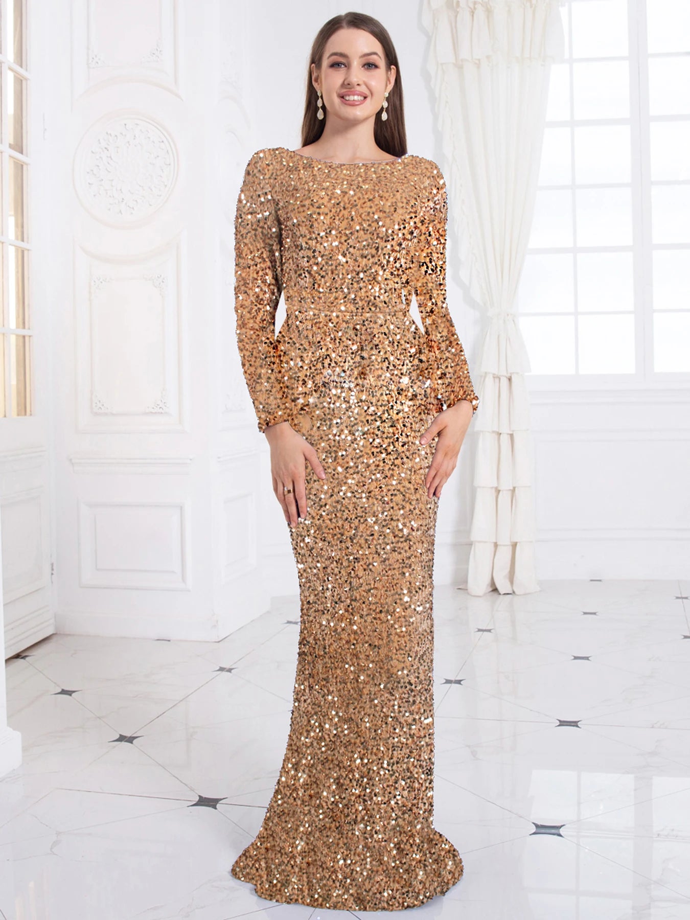 Stretch Sequined Evening Night Maxi Dress Full Sleeved Bodycon Long Red Gold Green Party Gown