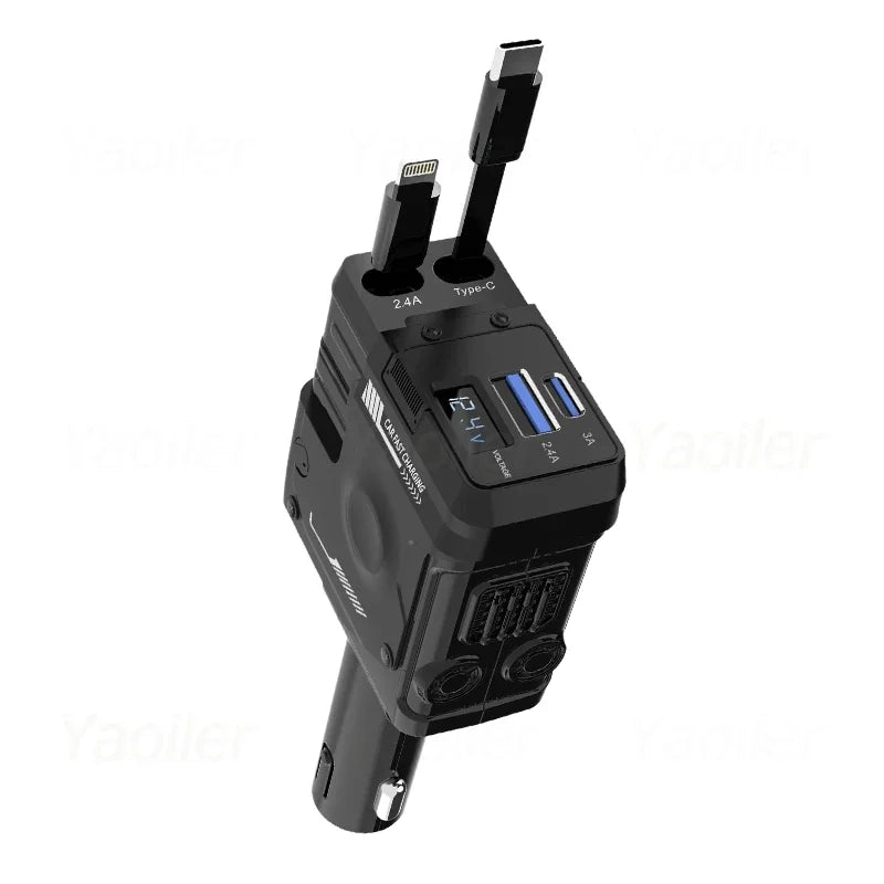 NEW 120W Car Charger 4 in 1 Retractable Car Cigarette Lighter Adapter USB Type C Fast Charging Cable for iPhone Huawei Samsung