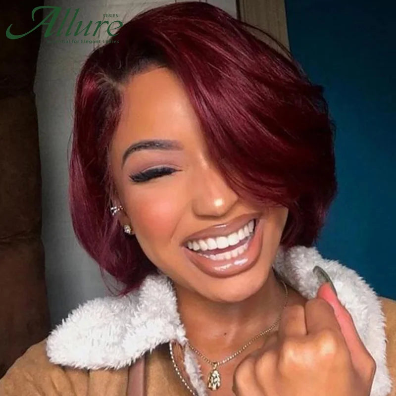Burgundy Short Bob Wig With Bangs Wear to Go Bob Human Hair Wigs For Black Women Colored 99J Brown Brazilian Hair Wigs Allure