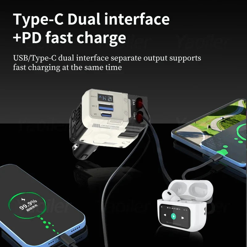 NEW 120W Car Charger 4 in 1 Retractable Car Cigarette Lighter Adapter USB Type C Fast Charging Cable for iPhone Huawei Samsung