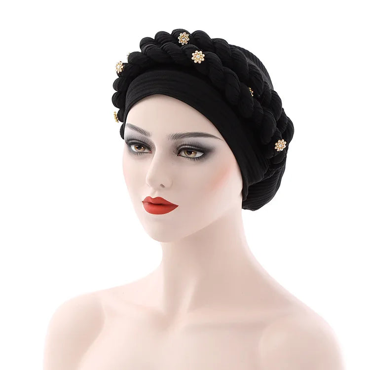 Double Braid Diamonds Halo Turban Cap Lady Cancer Chemo Caps Female Beanie Bonnet Hair Loss Cover African Head Wraps
