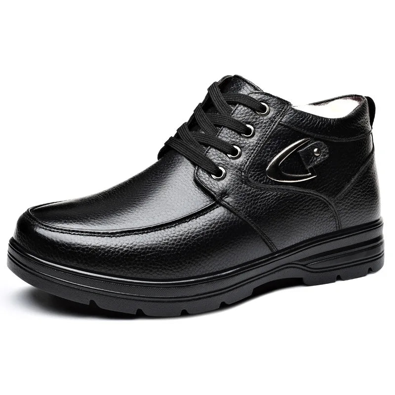 New in Men's Genuine Leather Boots Winter Snow Shoes Wool Inner Anti slip Father Ankle Boots Waterproof Warm Man Cotton Boot
