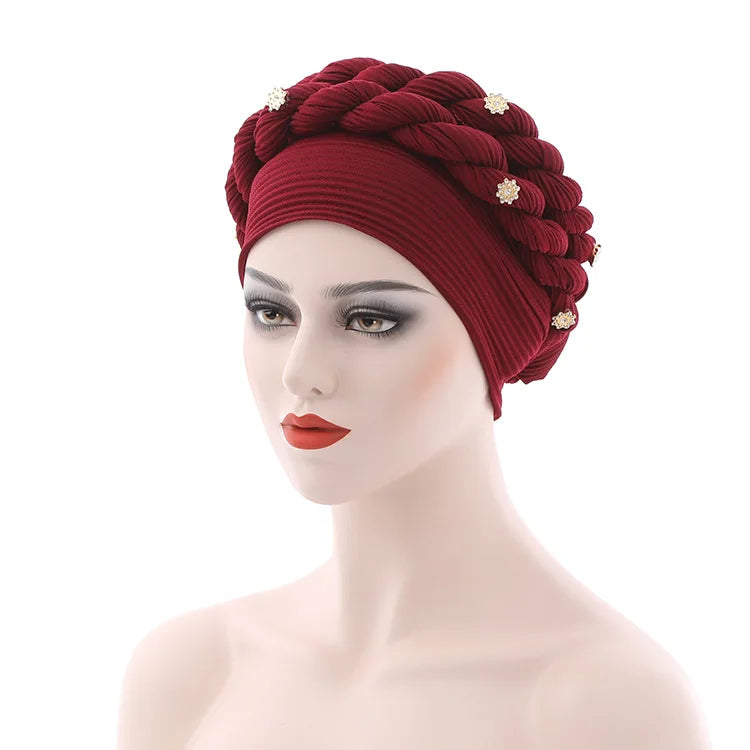 Double Braid Diamonds Halo Turban Cap Lady Cancer Chemo Caps Female Beanie Bonnet Hair Loss Cover African Head Wraps