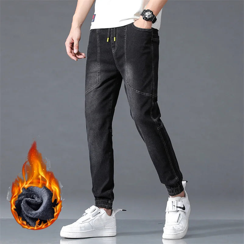New Winter Men Warm Thermal Black Blue Cargo Jeans Fleece Streetwear Denim Jogger Pants Thick Fur Baggy Harem Trousers Plus Size