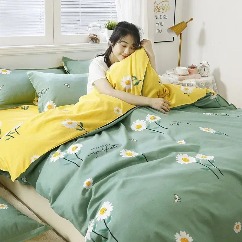 New Fashion Print Queen Size Bedding Set King Size Daisy Printed Duvet Cover Set with Flat Sheets Cozy Durable Bedding Sets
