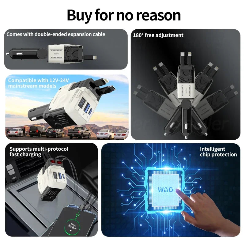 NEW 120W Car Charger 4 in 1 Retractable Car Cigarette Lighter Adapter USB Type C Fast Charging Cable for iPhone Huawei Samsung