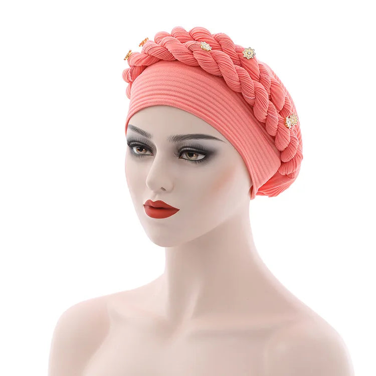 Double Braid Diamonds Halo Turban Cap Lady Cancer Chemo Caps Female Beanie Bonnet Hair Loss Cover African Head Wraps