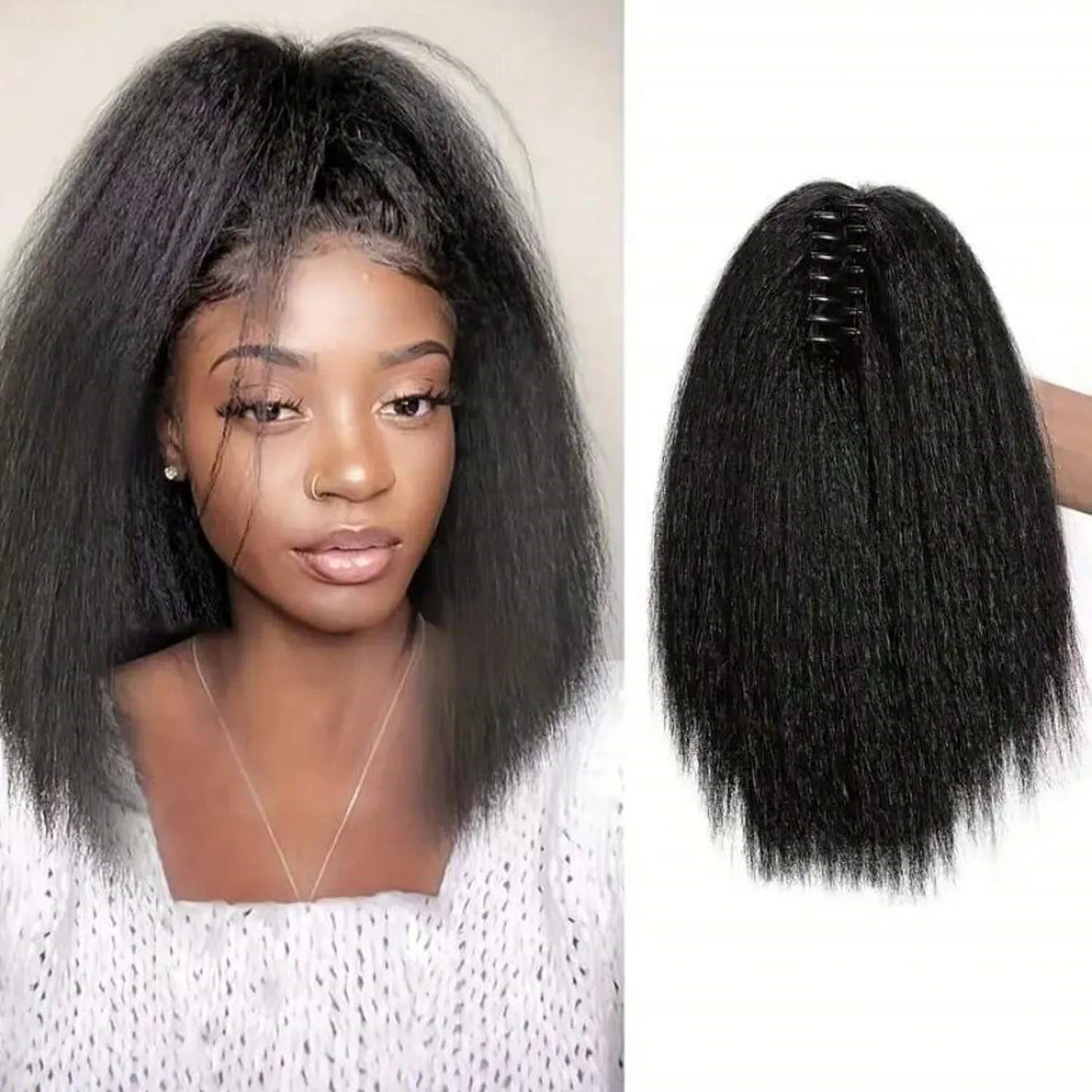 Yaki Claw Clip Hair Extensions Synthetic Kinky Straight Hair Extensions Ponytail Black Fluffy Thick Ponytails For Black Women