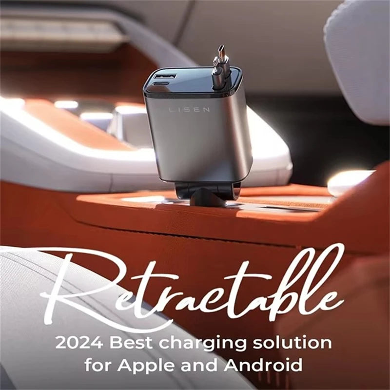 Retractable Car Charger, 4 in 1 Fast Charging Car Charger 120W, Retractable Cable and 2 USB Ports Car Charger Adapter Compatible