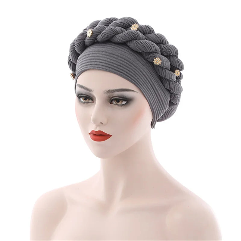 Double Braid Diamonds Halo Turban Cap Lady Cancer Chemo Caps Female Beanie Bonnet Hair Loss Cover African Head Wraps