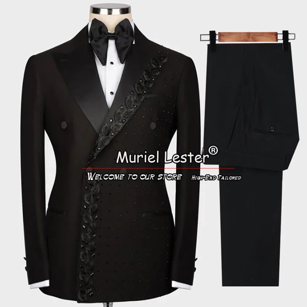 Luxury Wedding Suits Double Breasted Blazer Pants 2 Pieces Groom Tuxedos Crystals Beads Men's Dress Customized Man Clothing