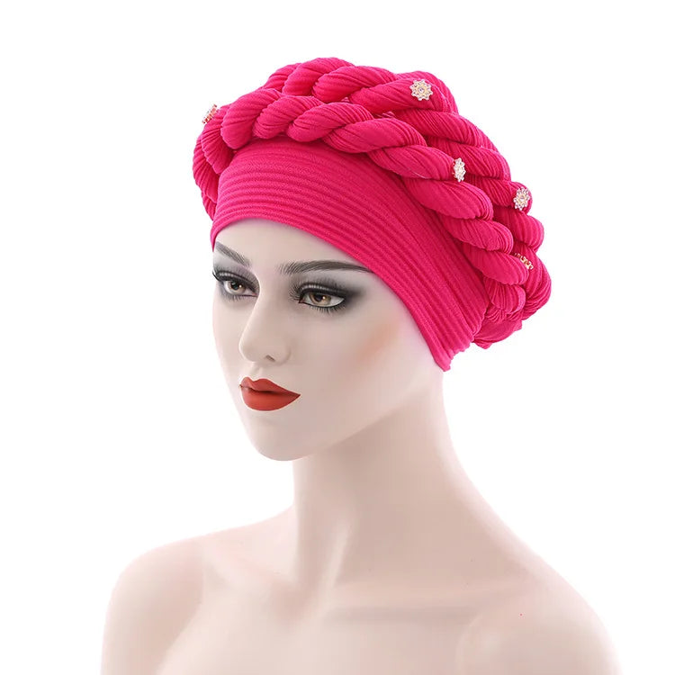 Double Braid Diamonds Halo Turban Cap Lady Cancer Chemo Caps Female Beanie Bonnet Hair Loss Cover African Head Wraps