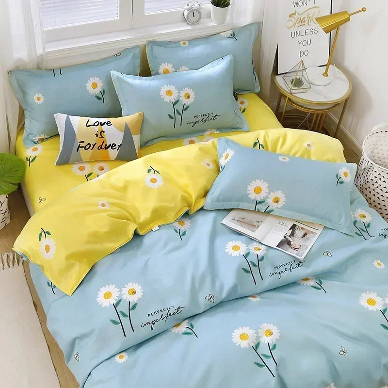 New Fashion Print Queen Size Bedding Set King Size Daisy Printed Duvet Cover Set with Flat Sheets Cozy Durable Bedding Sets