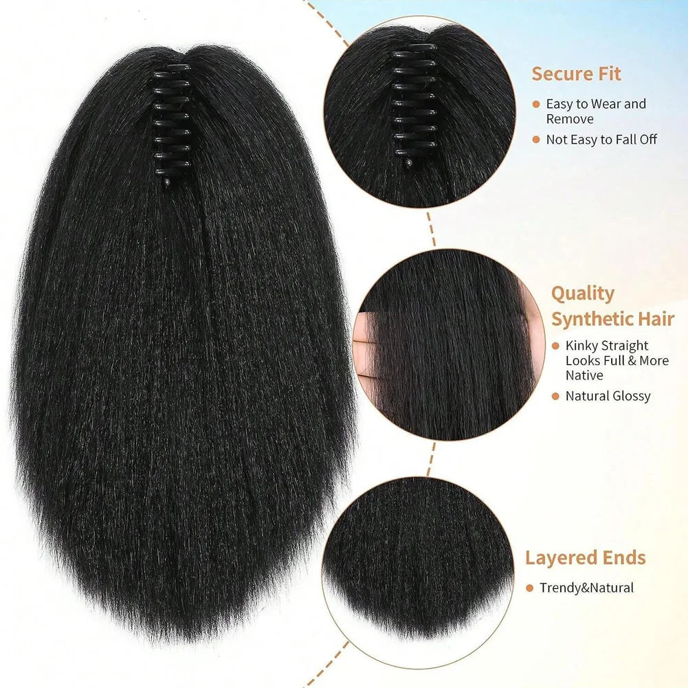 Yaki Claw Clip Hair Extensions Synthetic Kinky Straight Hair Extensions Ponytail Black Fluffy Thick Ponytails For Black Women