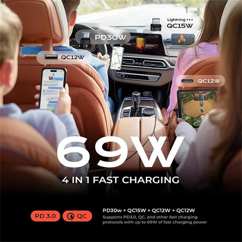 Retractable Car Charger, 4 in 1 Fast Charging Car Charger 120W, Retractable Cable and 2 USB Ports Car Charger Adapter Compatible