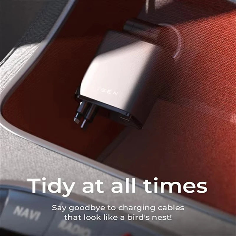 Retractable Car Charger, 4 in 1 Fast Charging Car Charger 120W, Retractable Cable and 2 USB Ports Car Charger Adapter Compatible
