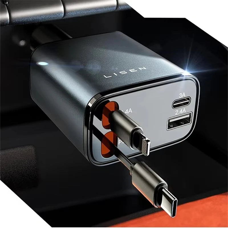 Retractable Car Charger, 4 in 1 Fast Charging Car Charger 120W, Retractable Cable and 2 USB Ports Car Charger Adapter Compatible