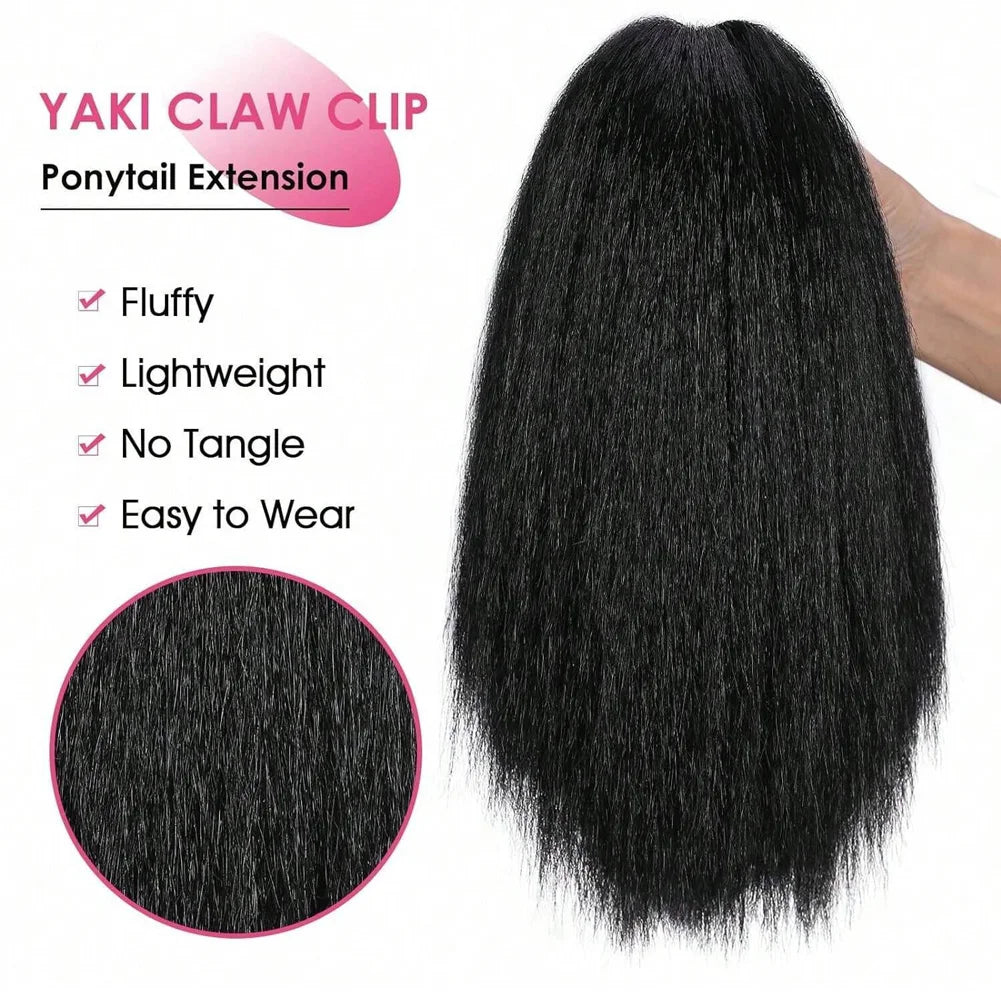 Yaki Claw Clip Hair Extensions Synthetic Kinky Straight Hair Extensions Ponytail Black Fluffy Thick Ponytails For Black Women