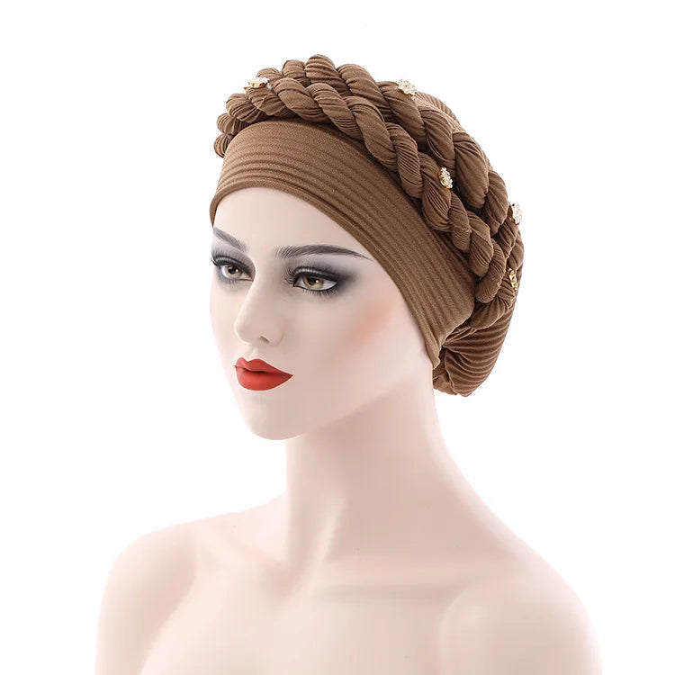 Double Braid Diamonds Halo Turban Cap Lady Cancer Chemo Caps Female Beanie Bonnet Hair Loss Cover African Head Wraps
