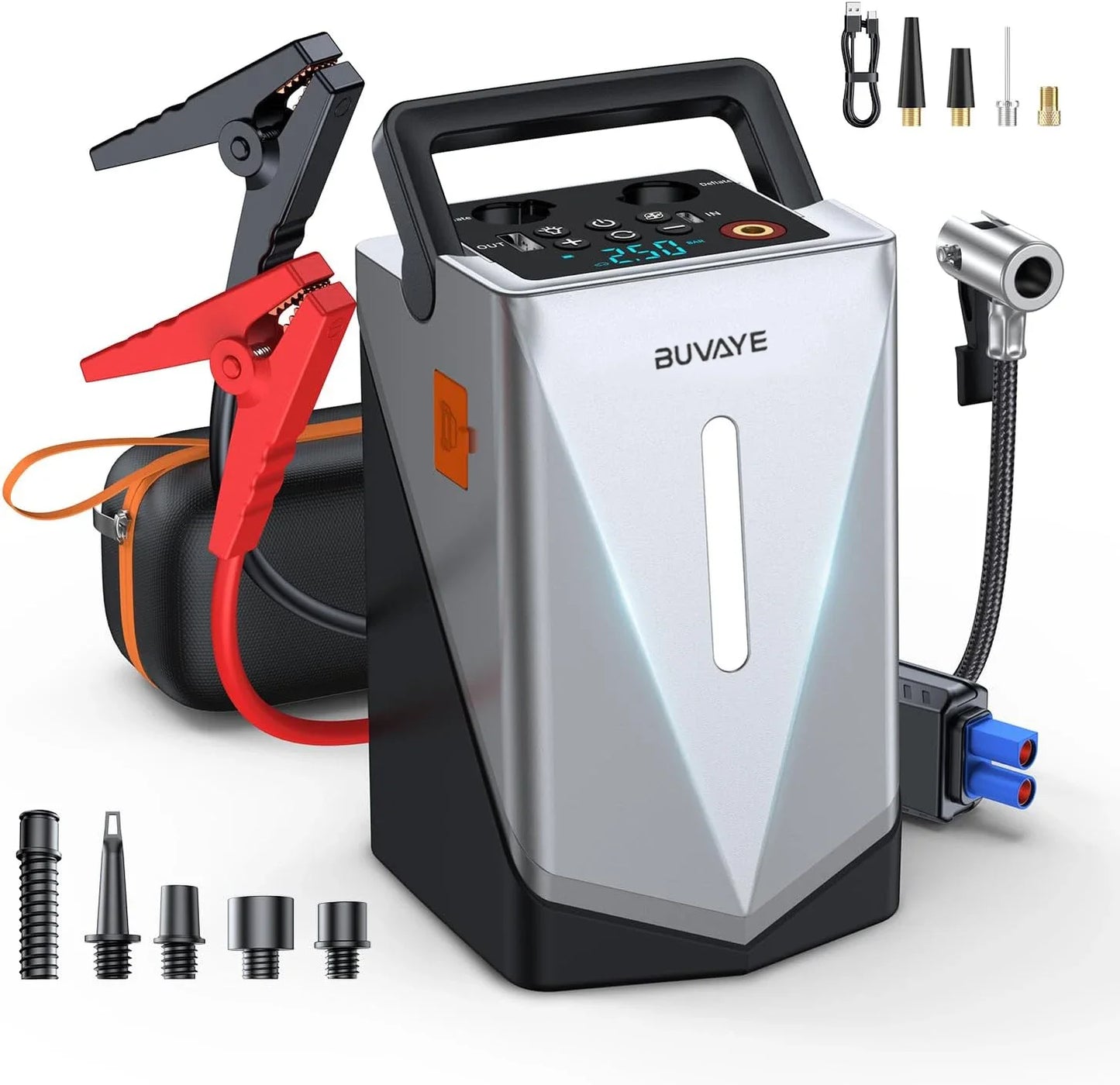 BUVAYE Portable Jump Starter 150PSI Air Compressor with Air Pump 2500A Battery Booster 250L/Min Inflatable Pump For Air Bed Boat