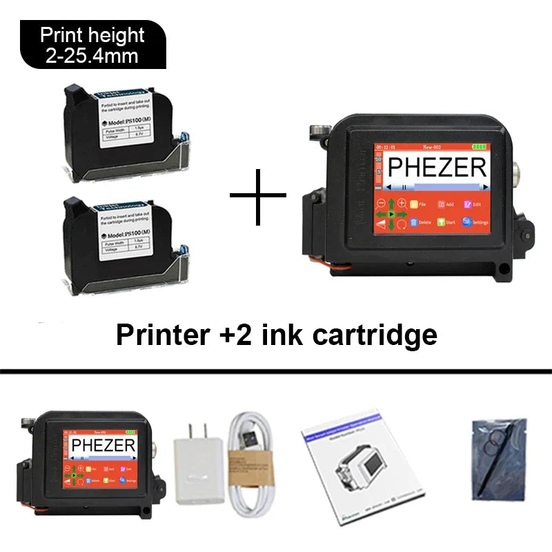 Phezer 30 Languages 12.7/25.4mm PC11Plus Mini Printer Portable Printer QR Bar Code Date Logo Expiry Date Handheld Inkjet Printer