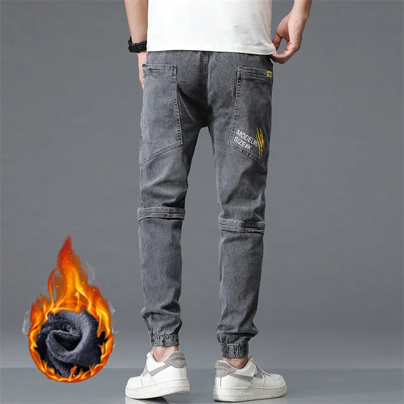 New Winter Men Warm Thermal Black Blue Cargo Jeans Fleece Streetwear Denim Jogger Pants Thick Fur Baggy Harem Trousers Plus Size