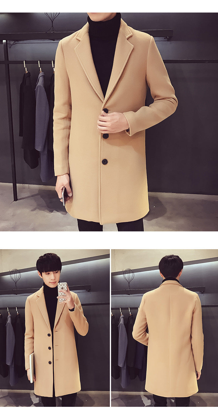 Men Long Cotton Coat 2023 Autumn Winter New Wool Blend Pure Color Casual Business Fashion Slim Windbreaker Jacket Men Clothing