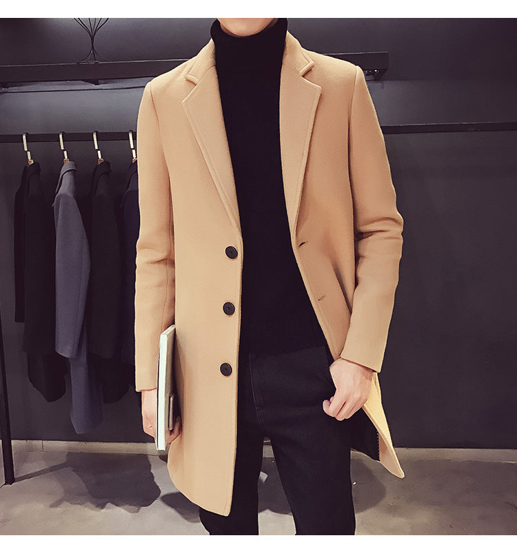 Men Long Cotton Coat 2023 Autumn Winter New Wool Blend Pure Color Casual Business Fashion Slim Windbreaker Jacket Men Clothing