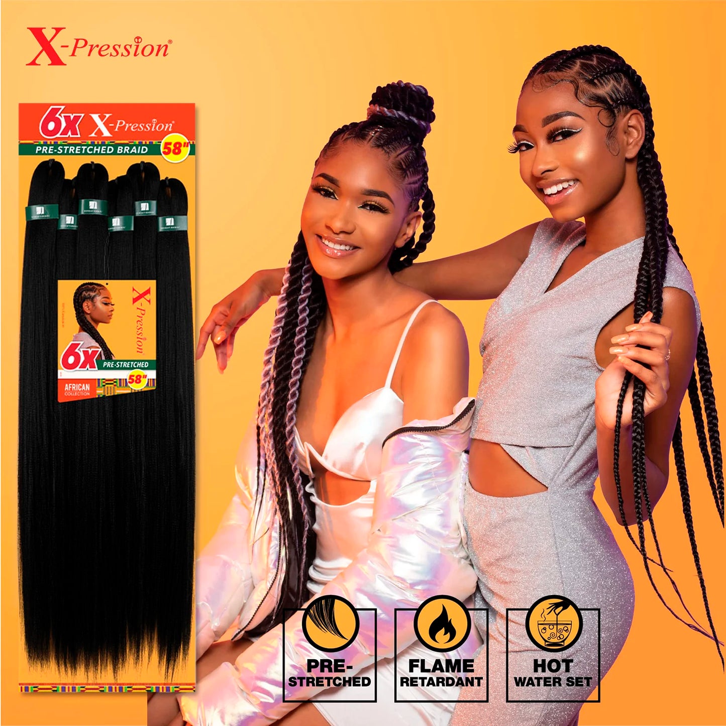 Sensationnel African Collection Braids 6X X-Pression Pre-Stretched Braid 58" - Lightweight, Long-Lasting