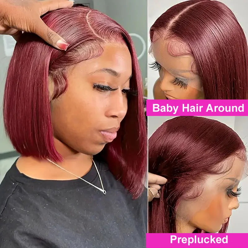 13x4 99J Short Bob Wig Human Hair HD Transparent Dark Red Burgundy Color Lace Frontal Bob Wigs Bone Straight  For Black Woman