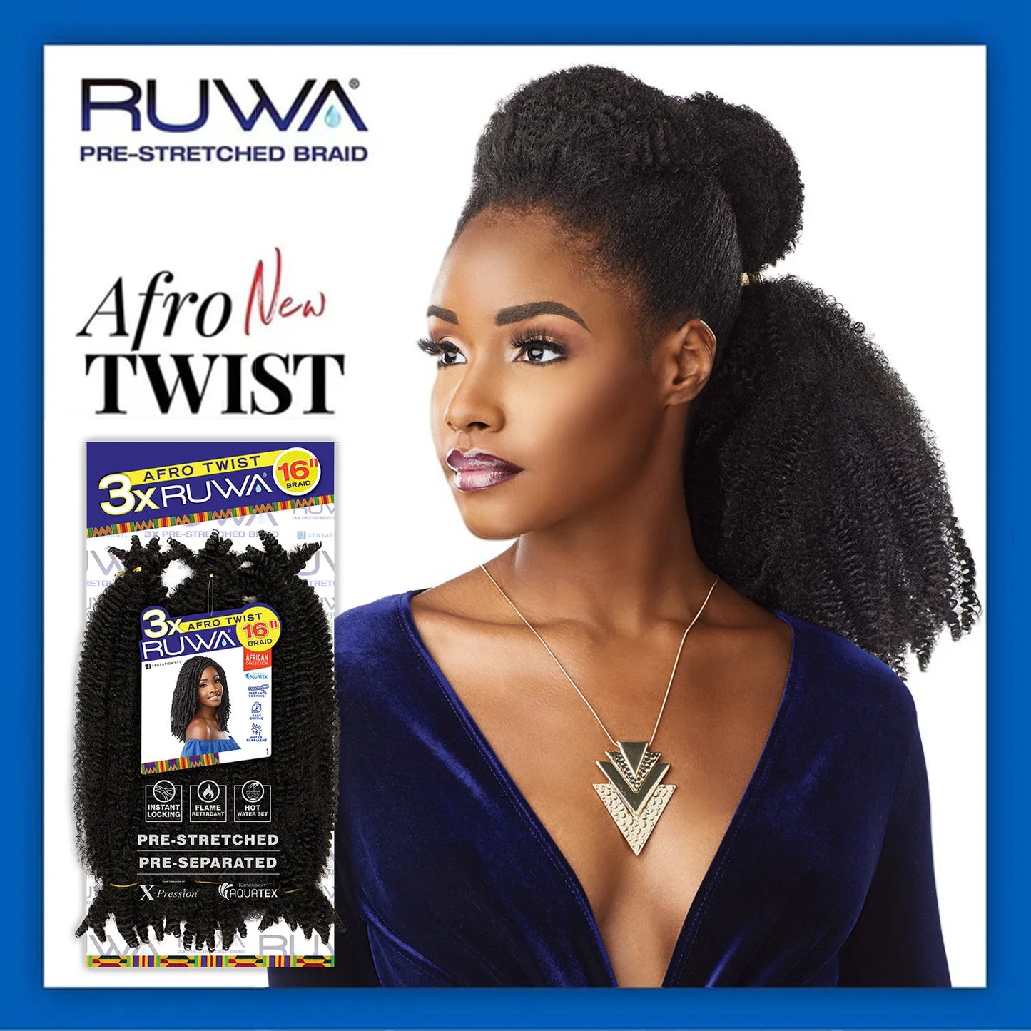 Sensationnel Ruwa Braids X-Pression 3X Pre-Stretched Braid Afro Twist 16" - Easy & Fast Styling, Fast Drying