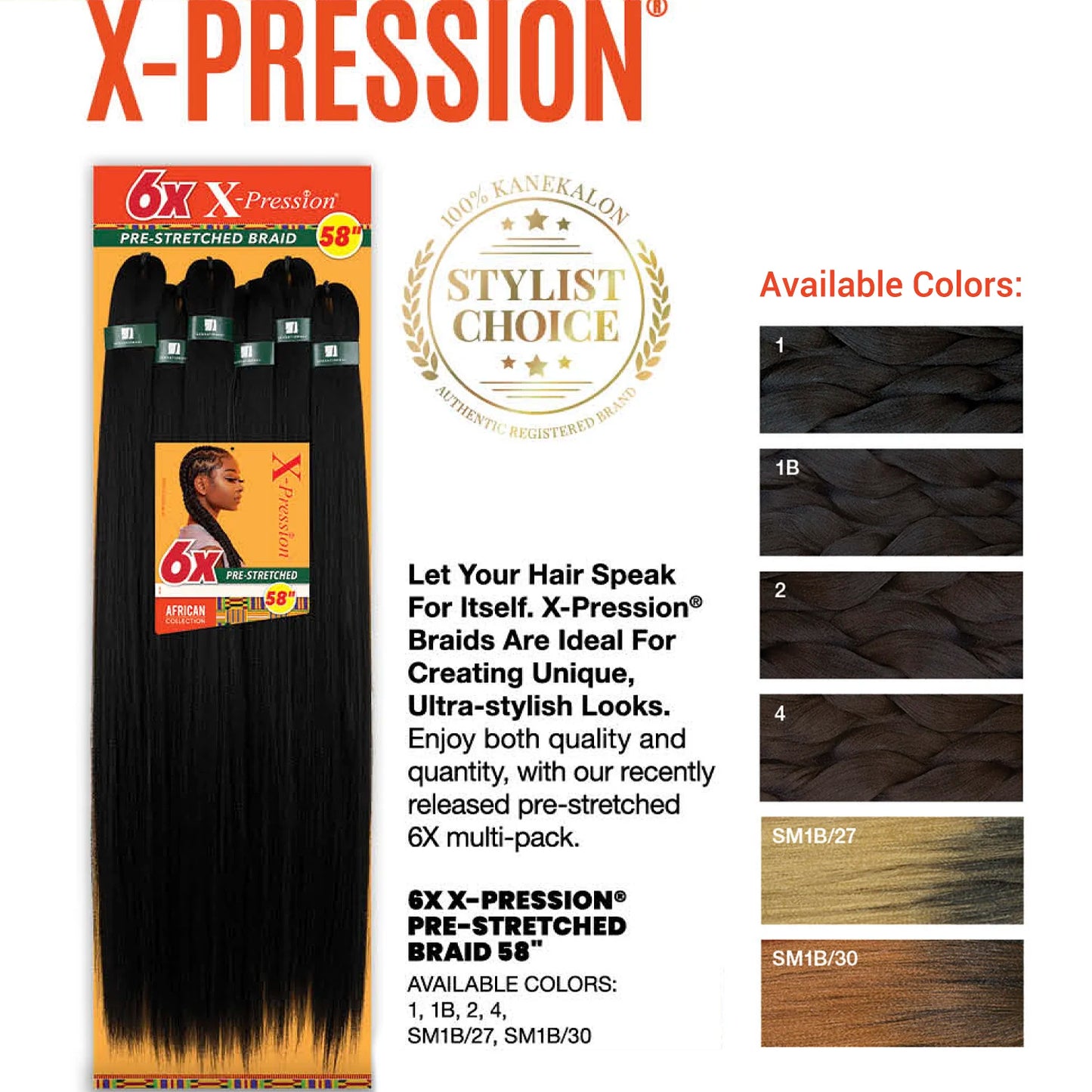 Sensationnel African Collection Braids 6X X-Pression Pre-Stretched Braid 58" - Lightweight, Long-Lasting