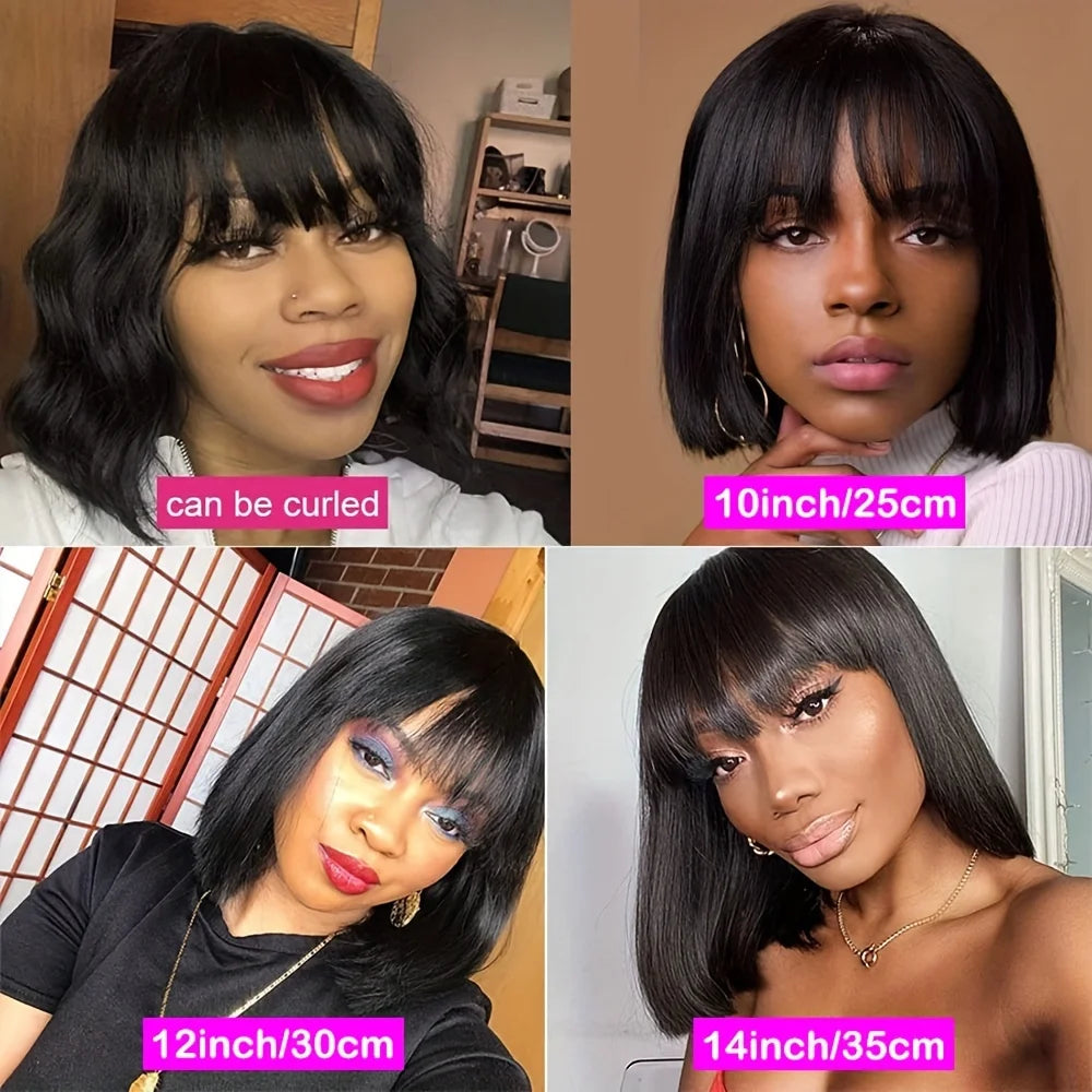 Straight Bob Human Hair Wigs With Bangs Short Brazilian Human Hair 200density For Woman No Lace Full Machine Made Human Hair Wig