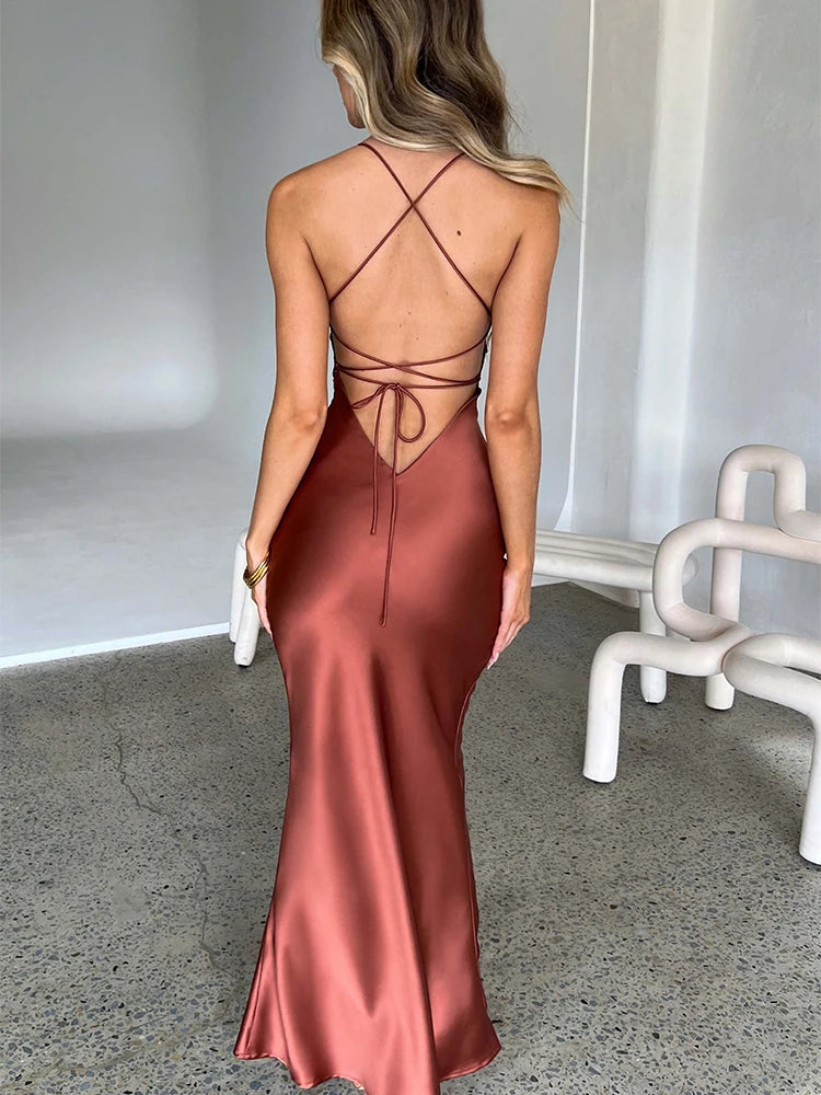 Articat Satin Backless Lace Up Mermaid Slip Dress Women Sweetheart Neck Sexy Slim Bodycon Dresses Elegant Silk Gown Partywear